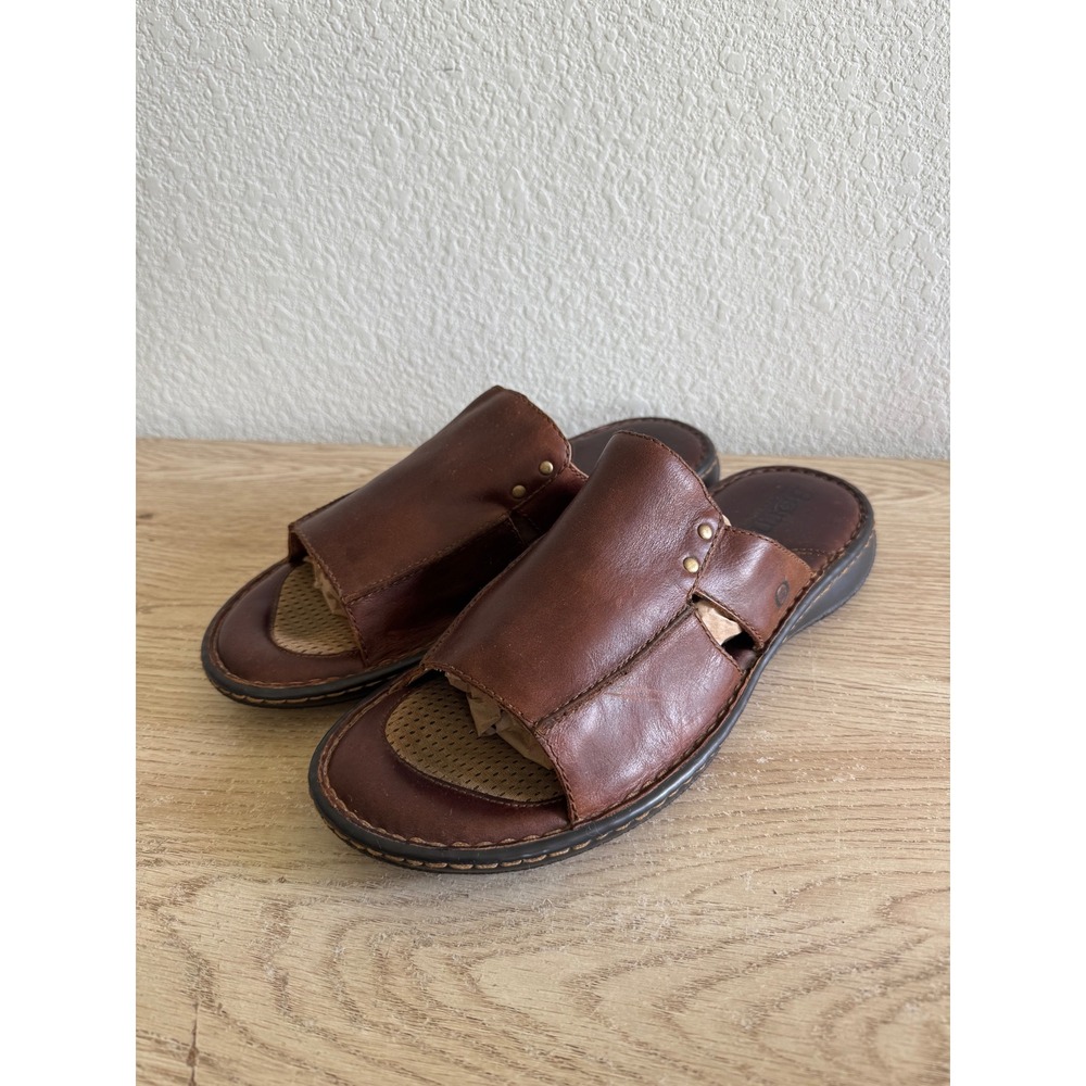 Born Mens Brown Leather Slide Sandals Size 14M Comfort Footbed Vacation